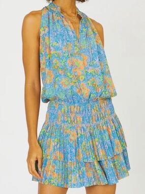 Current Air Blue Floral Tiered V-Neck Dress with Orange Accents